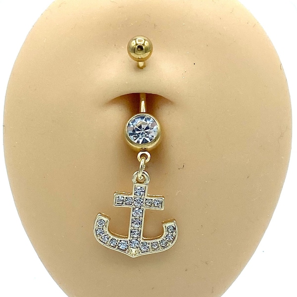 Gold Diamond Anchor Belly Ring Dangle Charm Belly Button Piercing Naval Body Jewelry Gold Balls 316L Surgical Steel