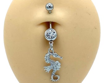 Silver Diamond Seahorse Belly Ring Dangle Charm Belly Button Piercing Naval Body Jewelry Silver Balls 316L Surgical Steel