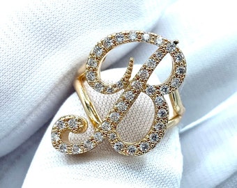 24 KT Gold Filled Initial Ring Adjustable Large Alphabet Letter Ring Cubic Zirconia Diamonds White Gold Lead Free Nickel Free Hypoallergenic