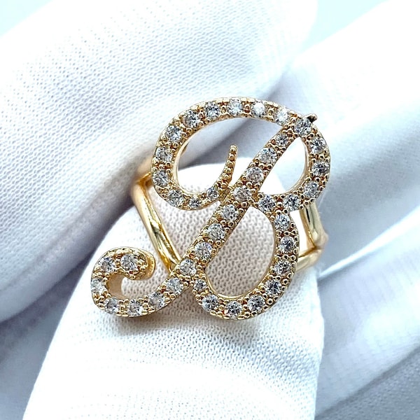 24 KT Gold Filled Initial Ring Adjustable Large Alphabet Letter Ring Cubic Zirconia Diamonds White Gold Lead Free Nickel Free Hypoallergenic