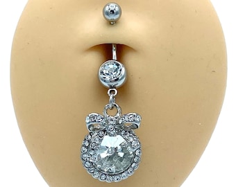 Silver Diamond Big Gem Ribbon Belly Ring Dangle Charm Belly Button Piercing Naval Body Jewelry Silver Balls 316L Surgical Steel