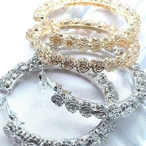 Rose Pattern Covered CZ Diamond Hoop Earrings Diamond Encrusted Flat Hoops Gold or Silver Latch Back