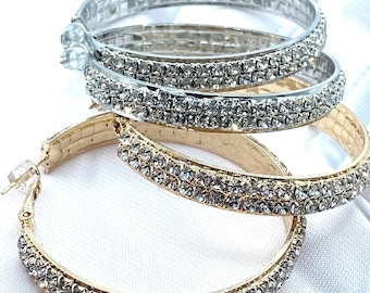 CZ Hoop Earrings Double Diamond Encrusted Flat Hoops Gold or Silver Latch Back