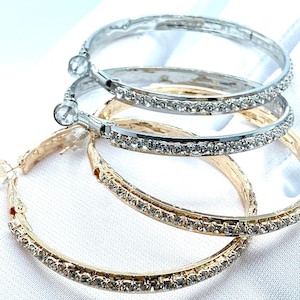 CZ Diamond Hoop Earrings Diamond Encrusted Flat Hoops Gold or Silver Latch Back