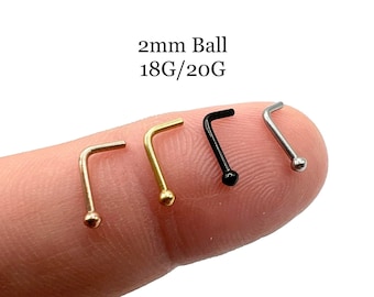 Tiny Ball Nose Stud Nose Ring 316L Surgical Steel L Shape Bend Nose Piercing Thin Dainty 20G, 18G, 2mm, Gold, Black, Silver, Rose Gold