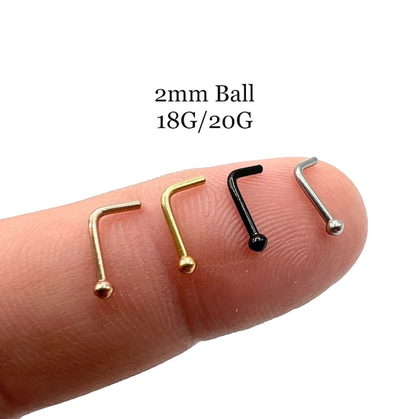 Tiny Ball Nose Stud Nose Ring 316L Surgical Steel L Shape Bend Nose Piercing Thin Dainty 20G, 18G, 2mm, Gold, Black, Silver, Rose Gold