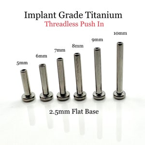 Implant Grade Titanium Threadless Push In Flat Back Labret Stud Post 14G 16G 18G 20G 5mm 6mm 7mm 8mm 9mm 10mm 11mm 12mm