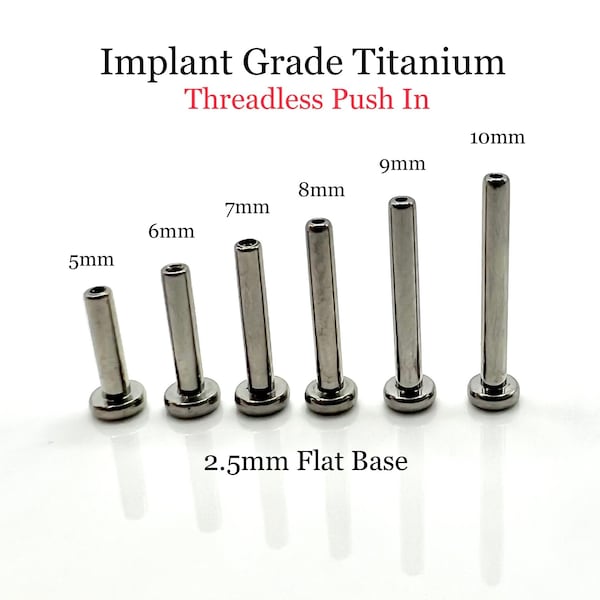 Implant Grade Titanium Threadless Push In Flat Back Labret Stud Post 14G 16G 18G 20G 5mm 6mm 7mm 8mm 9mm 10mm 11mm 12mm