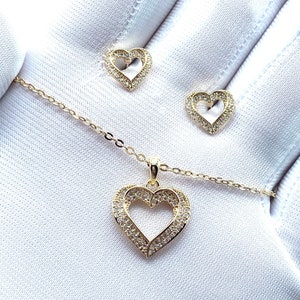 Heart Charm Pendant Necklace and Earrings Set Gold or Silver Cubic Zirconia Diamonds Hypoallergenic Dainty Small
