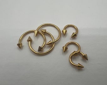 Gold Horseshoe Circular Barbell Septum Ring Eyebrow Ring Cartilage Earring Curved Spike Ends 316L Surgical Steel 16G 6mm 8mm 10mm 12mm