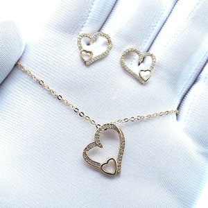 Heart Charm Pendant Necklace and Earrings Set Gold or Silver Cubic Zirconia Diamonds Hypoallergenic Dainty Small