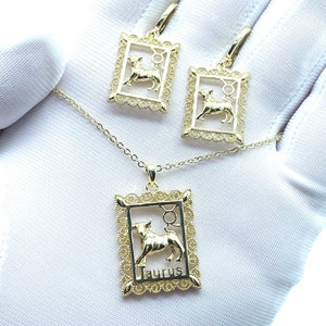 Taurus Zodiac Sign Necklace and Earring Set Astrology Cuff Earring Charm Necklace 24KT Gold Filled Zodiac Jewelry