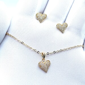Heart Charm Pendant Necklace and Earrings Set Gold or Silver Cubic Zirconia Diamonds Hypoallergenic Dainty Small
