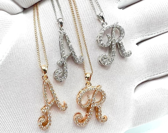 Initial Necklace 24 KT Gold Filled and Silver CZ Diamonds Regina George Letter Necklace For Women Initial Pendant Jewelry Gold Chain Cursive