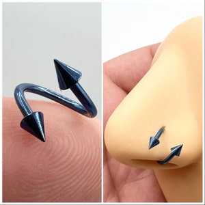 Blue Nose Ring Stud Twisted Spiral Hoop Spike Ends Pointed Spiral 16g 16 Gauge Nose Jewelry