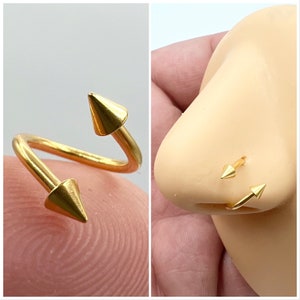 Gold Nose Ring Stud Twisted Spiral Hoop Spike Ends Pointed Spiral 16g 16 Gauge 20G 20 Gauge Nose Jewelry 6mm, 8mm, 10mm