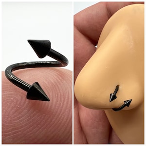 Black Nose Ring Stud Twisted Spiral Hoop Spike Ends Pointed Spiral 16g 16 Gauge 20G 20 Gauge Nose Jewelry 6mm, 8mm, 10mm