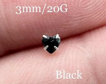 Black Diamond Heart Nose Stud Nose Ring Sterling Silver Pin Nose Piercing Jewelry Nose Bone Nostril Stud CZ Prong Set Dainty Love 3mm 20G