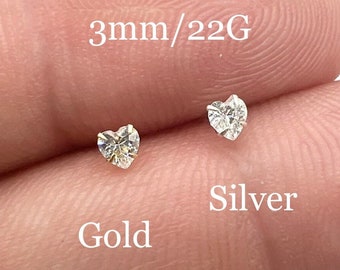 Diamond Heart Nose Stud Nose Ring Gold and Silver Pin Nose Piercing Nose Bone CZ Prong Set Dainty Love Thin 3mm 20G