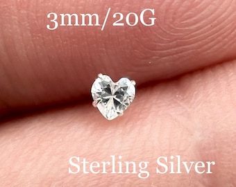 Silver Diamond Heart Nose Stud Nose Ring Sterling Silver Pin Nose Piercing Jewelry Nose Bone Nostril Stud CZ Prong Set Dainty Love 3mm 20G