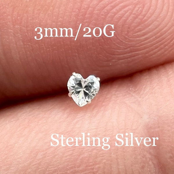 Silver Diamond Heart Nose Stud Nose Ring Sterling Silver Pin Nose Piercing Jewelry Nose Bone Nostril Stud CZ Prong Set Dainty Love 3mm 20G
