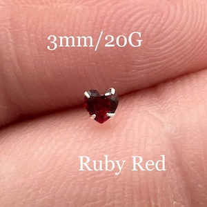 Ruby Red Diamond Heart Nose Stud Nose Ring Sterling Silver Pin Nose Piercing Jewelry Nose Bone Nostril Stud CZ Prong Set Dainty Love 3mm 20G