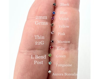 Tiny Diamond Nose Stud Nose Ring L Bend Nose Piercing Colored CZ 2mm 22G Black Blue Violet Maroon Ruby Turquoise Green Pink Gold Silver