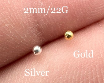 Tiny Ball Nose Stud Nose Ring Nose Piercing Nose Pin Nose Bone 14K Gold Plated Sterling Silver 2mm 22G Thin 22 Gauge