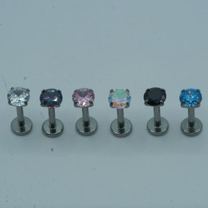 Diamond Push In Flat Back Labret Stud Earring Implant Grade Titanium Threadless Push In CZ Top 16G 18G 20G 5mm 6mm 7mm 8mm 9mm 10mm image 1