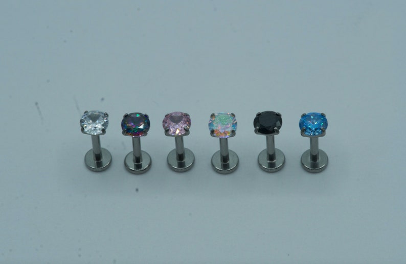 Diamond Push In Flat Back Labret Stud Earring Implant Grade Titanium Threadless Push In CZ Top 16G 18G 20G 5mm 6mm 7mm 8mm 9mm 10mm image 1