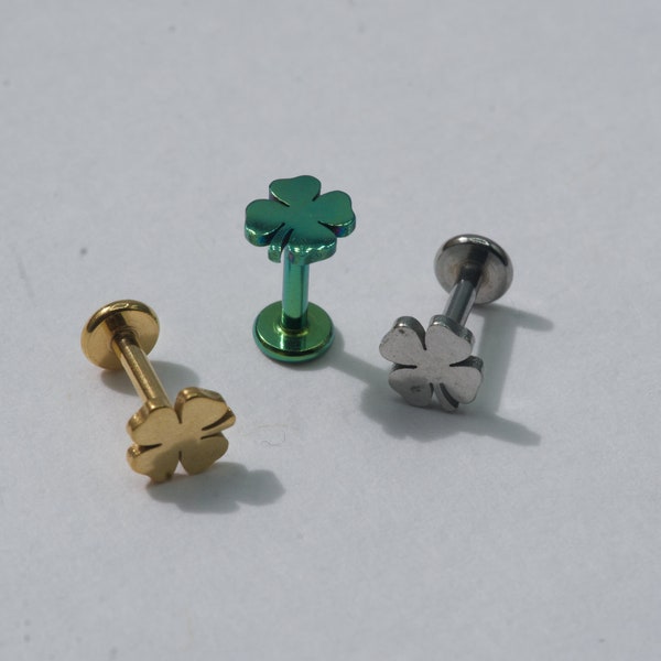 Tiny Clover Leaf Top Flat Back Labret Stud Earring Piercing Minimalist Ear Cartilage Helix Tragus Conch Stud 16G 6mm 8mm