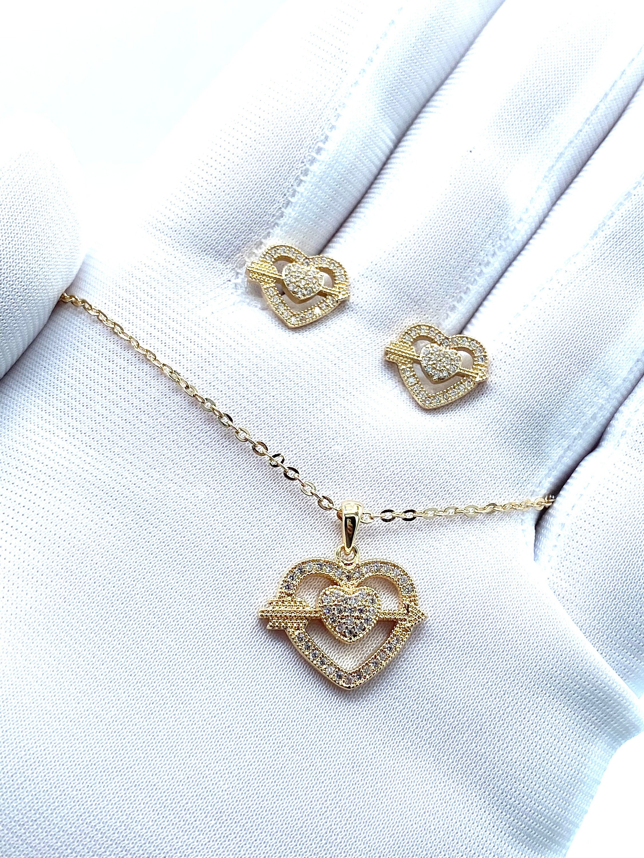 Heart and Arrow Charm Pendant Necklace and Earrings Set Gold Heart and Arrow Charm Pendant Necklace and Earrings Set Gold