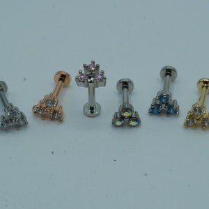 CZ Trinity Triple CZ Set Cartilage Earring Conch Helix Stud, Tragus Flat Back Labret, Flat Back Earring, Jewel Barbell, Internally Threaded