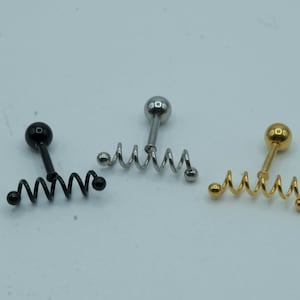 Spiral Spring Coil Cartilage Earring Twisted Tragus Bar Ball Screw Labret External Threading Surgical Steel Gold Silver Black 16G 6mm
