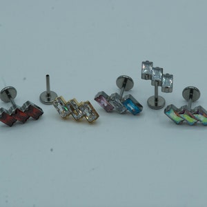 Slanted Baguette Push In Flat Back Labret Stud Earring Implant Grade Titanium Threadless Push In CZ Top 16G 18G 20G 5mm 6mm 7mm 8mm 9mm 10mm