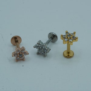 Paved CZ Round Flower Cartilage Earring, Conch, Helix, Stud, Tragus, Flat Back Labret, Flat Back Earring, Jewel Barbell, Internally Threaded