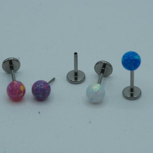 Opal Ball Push In Flat Back Labret Stud Earring Implant Grade Titanium Threadless Push In CZ Top 16G 18G 20G 5mm 6mm 7mm 8mm 9mm 10mm