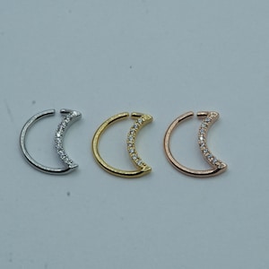 Crescent Moon Daith Tragus Ring Diamond Paved Adjustable Hoop Nose Piercing Ear Cartilage Hoop Rings Gold Platinum Rose Gold 16G 18G 10mm