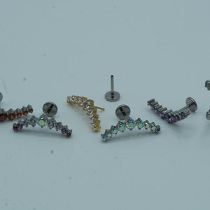 9 CZ Curved Push In Flat Back Labret Stud Earring Implant Grade Titanium Threadless Push In CZ Top 16G 18G 20G 5mm 6mm 7mm 8mm 9mm 10mm