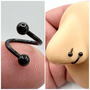 Black Nose Ring Stud Twisted Spiral Hoop Ball Ends Spiral Lip Ring Eyebrow Ring Orbital Piercing 16g 16 Gauge Nose Jewelry 8mm 10mm