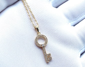 Key Charm Pendant Necklace and Earrings Set Gold or Silver Cubic