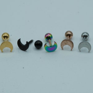 Crescent Moon Cartilage Earring, Conch, Helix, Stud, Tragus, Ball Back Labret, Ball Back Earring, Jewel Barbell, Internally Threaded