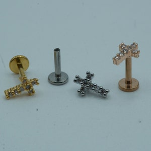 Jesus Cross Flat Back Labret Stud Earring Internally Threaded 316L Surgical Steel Ear Cartilage Piercing Gold Rose Gold Silver 16G 6mm 8mm