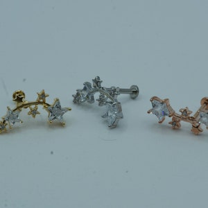 CZ Paved Multi Vine Star Flat Back Stud Earrings Screw In Internally Threaded 316L Surgical Steel Gold Cartilage Piercing 16G 6mm 8mm