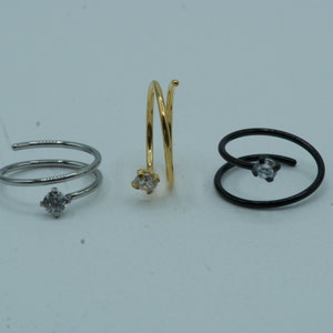 Double Hoop CZ Spiral Nose Ring Bendable Hoop Piercing Daith Rook Ear Cartilage Snug Orbital Helix Lobe Ring Silver Gold Black 20G 8mm 10mm