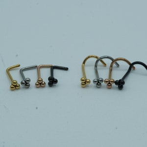 Triple Beaded Ball Cluster Nose Stud Nose Ring Nose Triangle Piercing Ball Top L Bend Shape Corkscrew Twist Gold Rose Gold Black Steel 20G