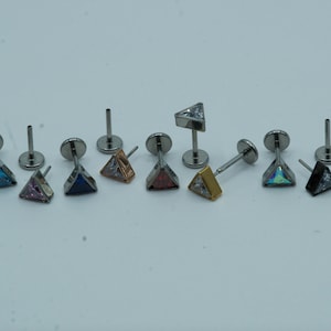 CZ Triangle Push In Flat Back Labret Stud Earring Implant Grade Titanium Threadless Push In CZ Top 16G 18G 20G 5mm 6mm 7mm 8mm 9mm 10mm