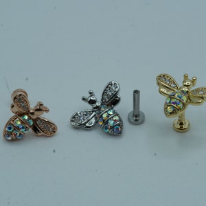 CZ Paved Crystal Bumble Bee Flat Back Stud Earrings Screw In Internally Threaded 316L Surgical Steel Gold Cartilage Piercing 16G 6mm 8mm