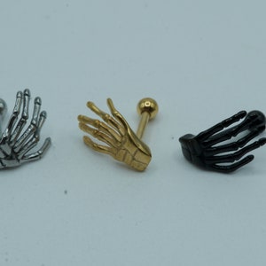 Skeleton Hand Cartilage Earring, Conch, Helix, Stud, Tragus, Ball Back Labret, Ball Back Earring, Jewel Barbell, Internally Threaded