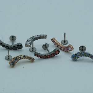 7 CZ Curved Push In Flat Back Labret Stud Earring Implant Grade Titanium Threadless Push In CZ Top 16G 18G 20G 5mm 6mm 7mm 8mm 9mm 10mm